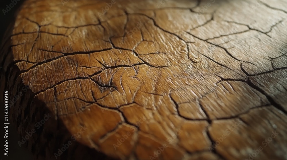 Poster Detailed close-up showing intricate textures and patterns in weathered wood surface illuminated by soft light