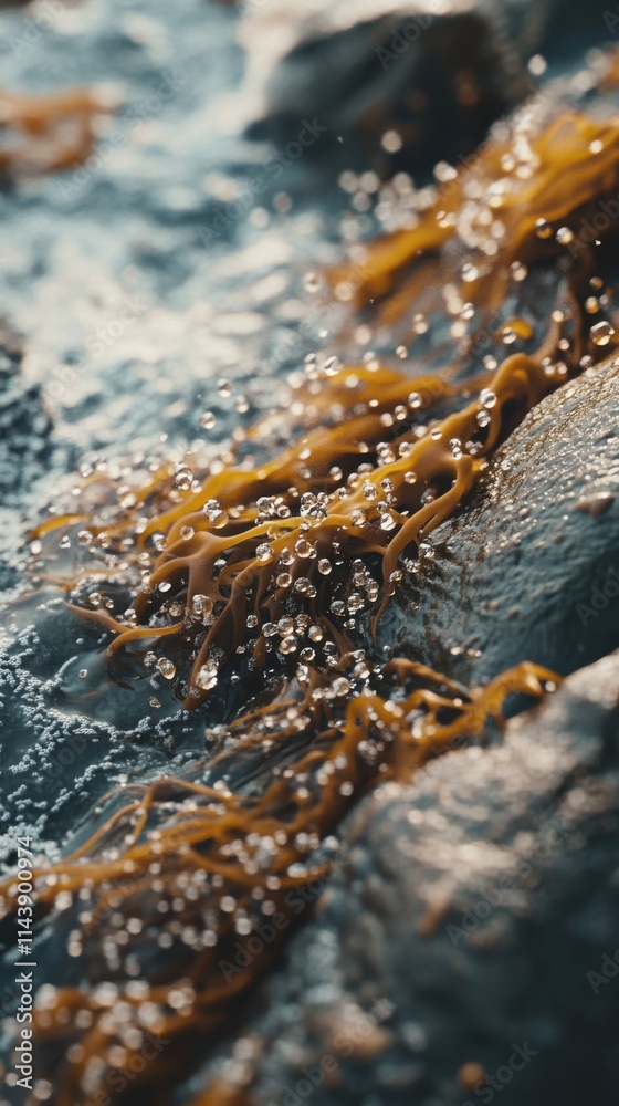 Poster close-up view of seaweed on a rocky beach with ocean waves splashing around it