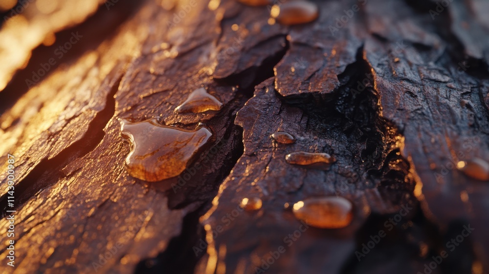 Aufkleber close-up view of intricate textures and moisture on pine tree bark illuminated by warm sunlight
