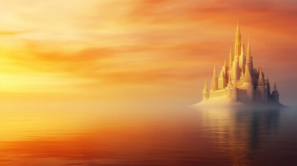 Obraz premium Serene Sunset Scene with Majestic Castle Surrounded by Water and Mist, Evoking a Sense of Fantasy and Adventure in an Enchanting Landscape