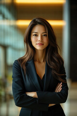 Naklejka premium Asian woman in a black business suit with long hair, arms crossed, looking at the camera and standing inside a modern office space. 