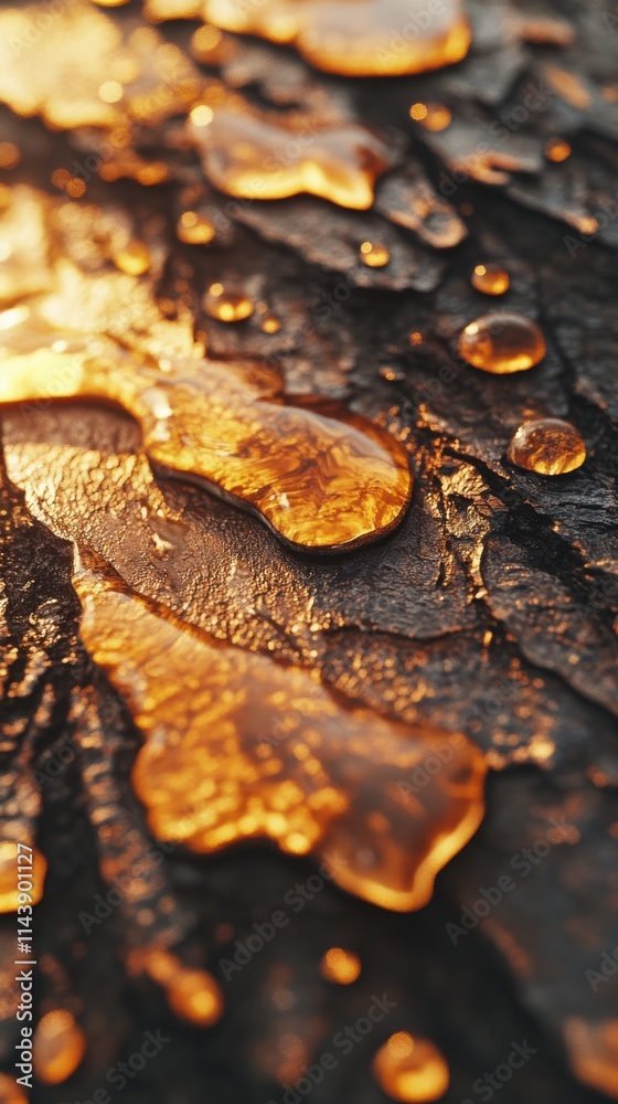 Poster close-up view of glistening pine tree bark revealing intricate textures and natural patterns after a