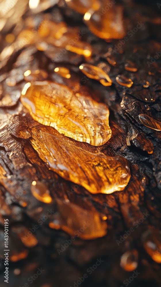 Poster close-up view of pine tree bark revealing textured patterns and resin droplets in natural sunlight