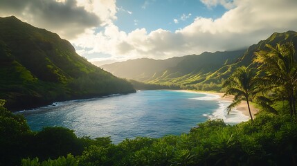 Obraz premium Secluded cove with turquoise water, golden sunlight, and lush green mountains.