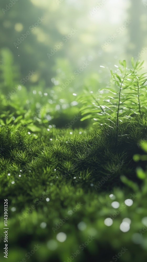Poster close-up of lush green moss displaying intricate textures and vibrant details in a serene woodland e