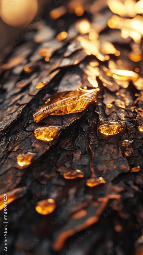 Poster close-up view of textured pine tree bark with resin droplets reflecting sunlight