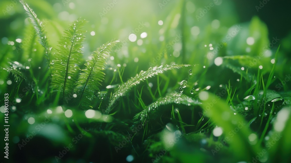 Poster close-up exploration of vibrant green moss showcasing intricate textures and dew drops in a tranquil
