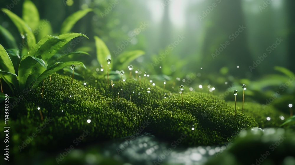 Poster lush green moss illuminated by soft natural light in a serene forest setting revealing details of de