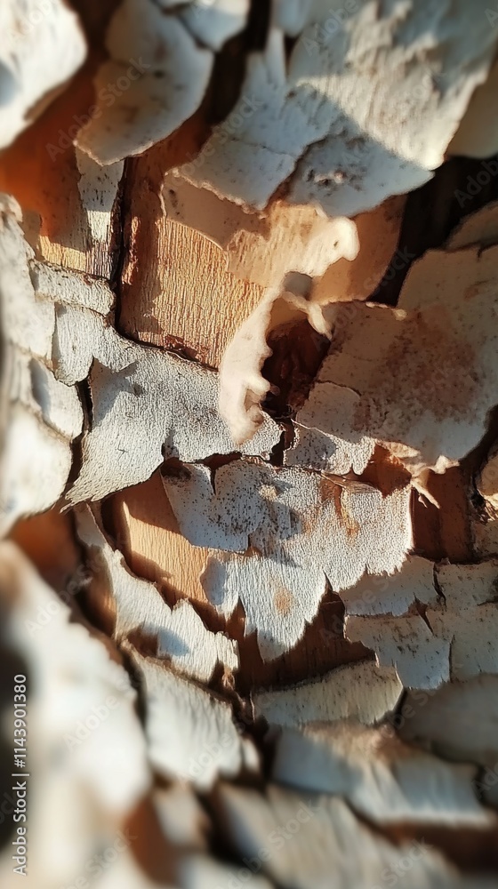 Poster Close-up view of peeling birch bark revealing texture and color variations in natural setting