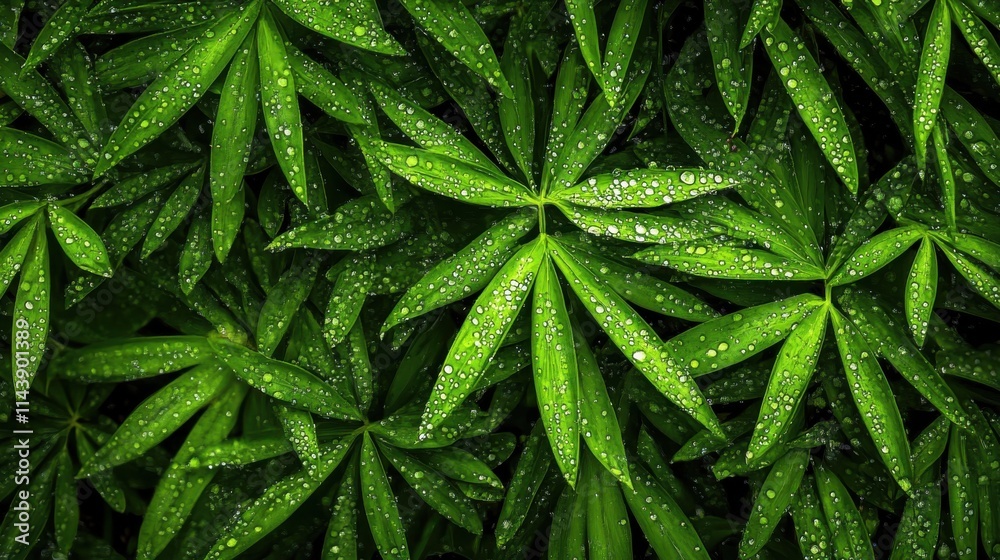 Poster close-up view of vibrant green moss with dew drops highlighting intricate textures in a serene woodl
