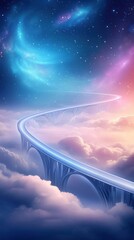 Ethereal Journey Through Cosmic Clouds on a Bridge of Light Beneath a Starry Sky Illuminated by Colorful Nebulae and Celestial Wonders