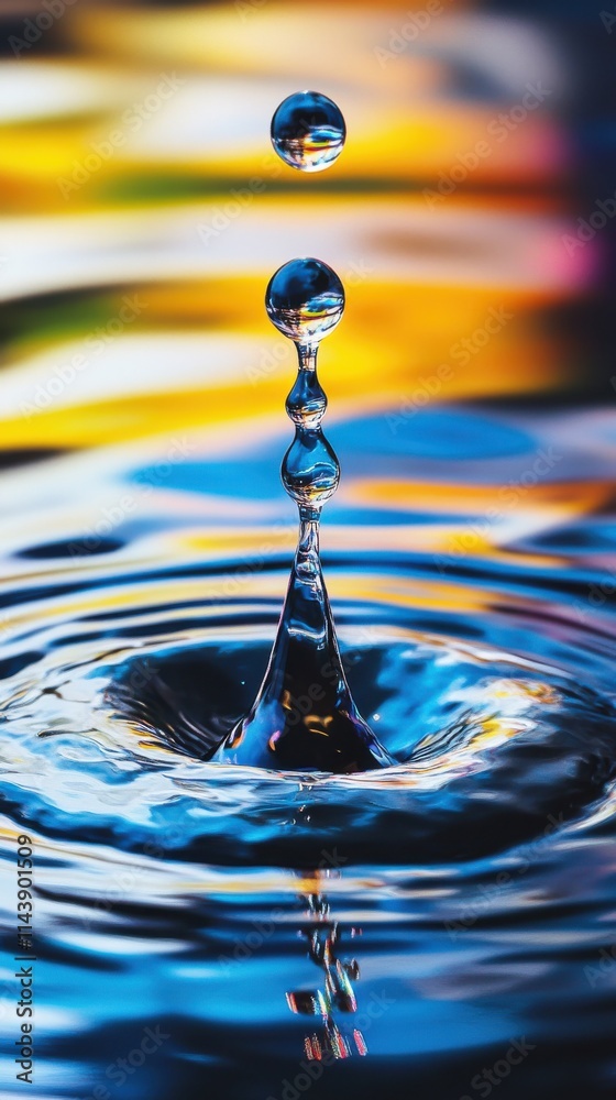 Poster dramatic close-up of a water droplet creating ripples against a colorful background during a serene 