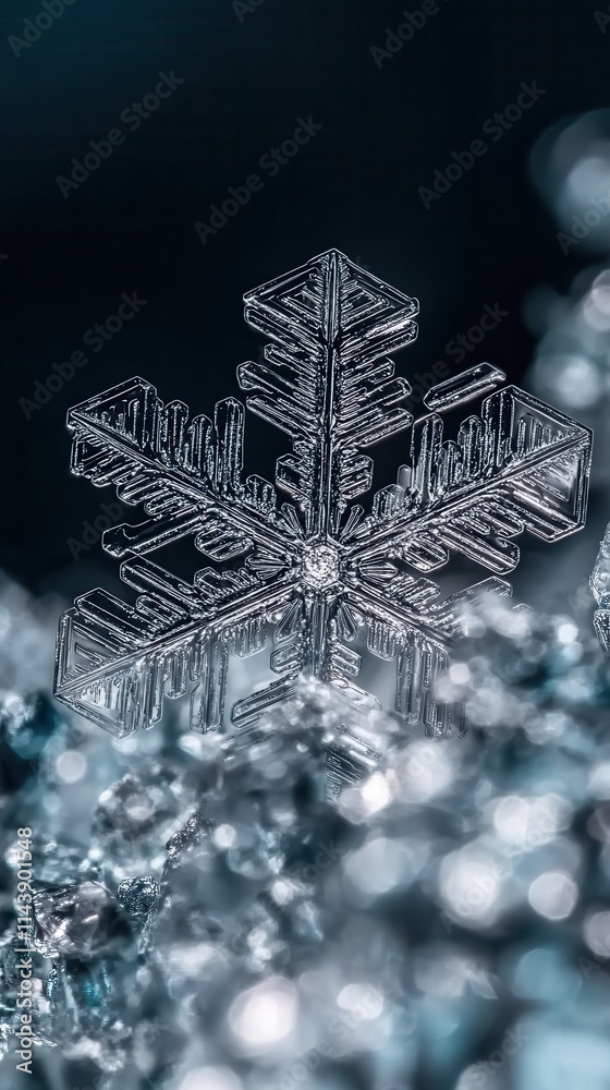 Fototapete close-up view of an intricate snowflake showcasing unique crystalline structure and details amid fro
