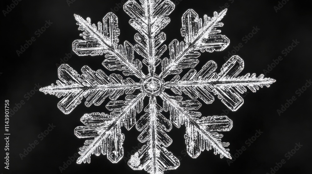 Poster extreme close-up of a snowflake showcasing intricate crystalline structures under cold winter condit