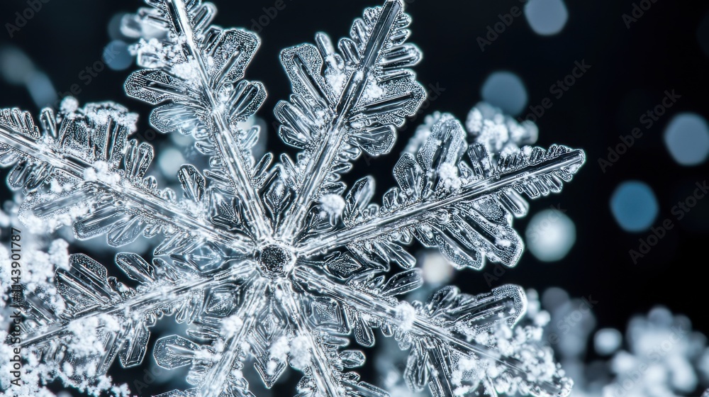 Leinwandbilder Close-up view of an intricate snowflake showcases its unique crystalline structure with sparkling details