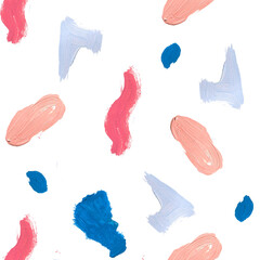 Acrylic seamless pattern with paint spots on white insulated background. Abstract, textural repeating pattern. Design for textiles, wrapping paper and wallpaper.