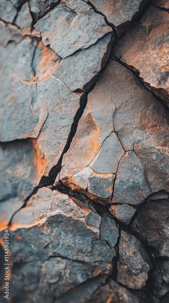 Poster Close-up view of textured rock surface showcasing intricate cracks and vibrant mineral patterns in natural light