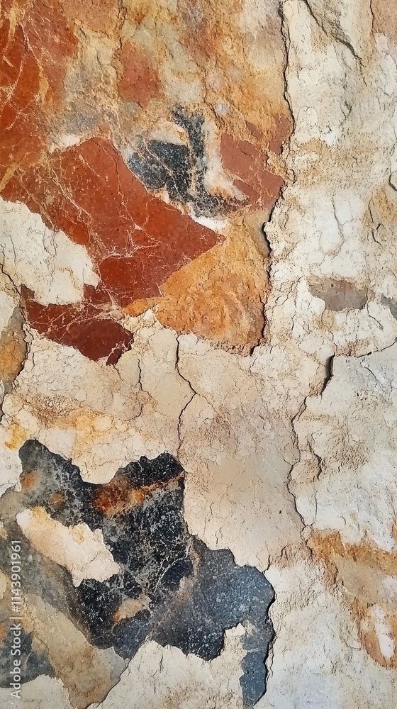 Poster close-up view of textured rock surface displaying vibrant mineral colors and natural patterns