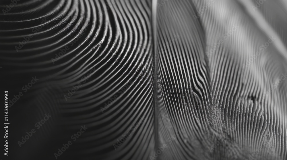 Aufkleber Close-up view of a textured feather displaying intricate patterns and details in monochrome tones
