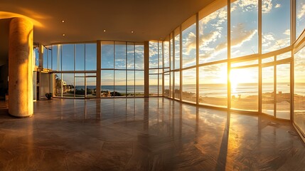Fototapeta premium Sunset view from large windows in modern home.