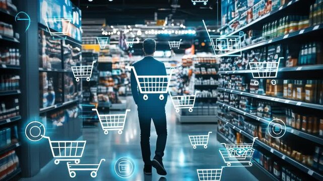 Smart Shopping Experience: A shopper navigates a futuristic supermarket, visualized with digital shopping carts and product information overlays.