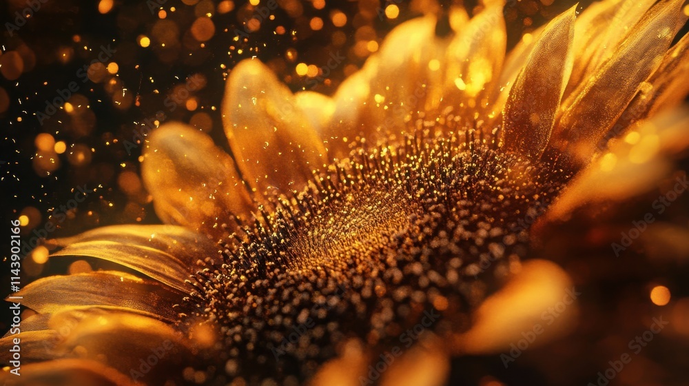 Poster detailed view of sunflower petals displaying vibrant pollen with sparkling background