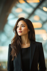 Naklejka premium Dynamic portrait of Asian woman in her late twenties, dressed elegantly and confidently in a black suit.
