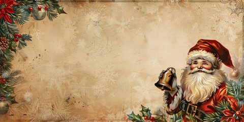 Vintage Christmas background with Santa Claus, Christmas tree, and floral antique frame design in sepia tones with grunge texture,Generated By Ai