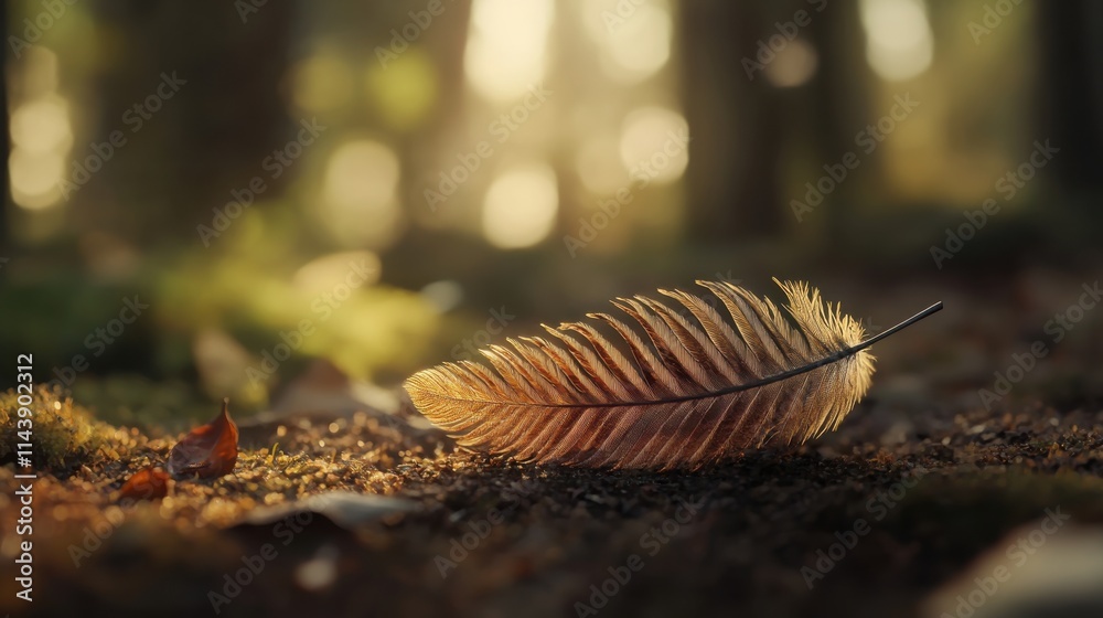 Poster detailed macrophotograph of a feather resting on the forest floor with soft morning light illuminati