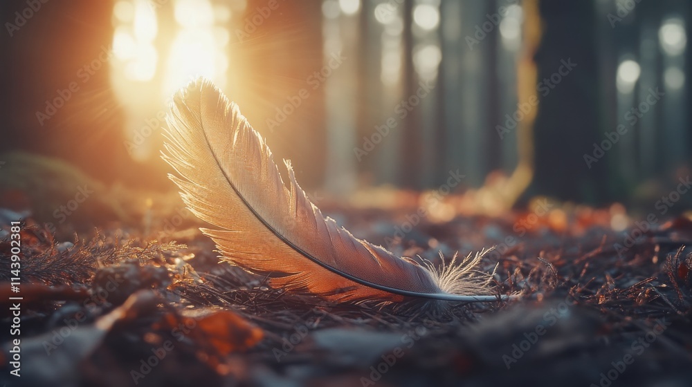 Poster delicate feather resting on forest floor illuminated by soft morning light