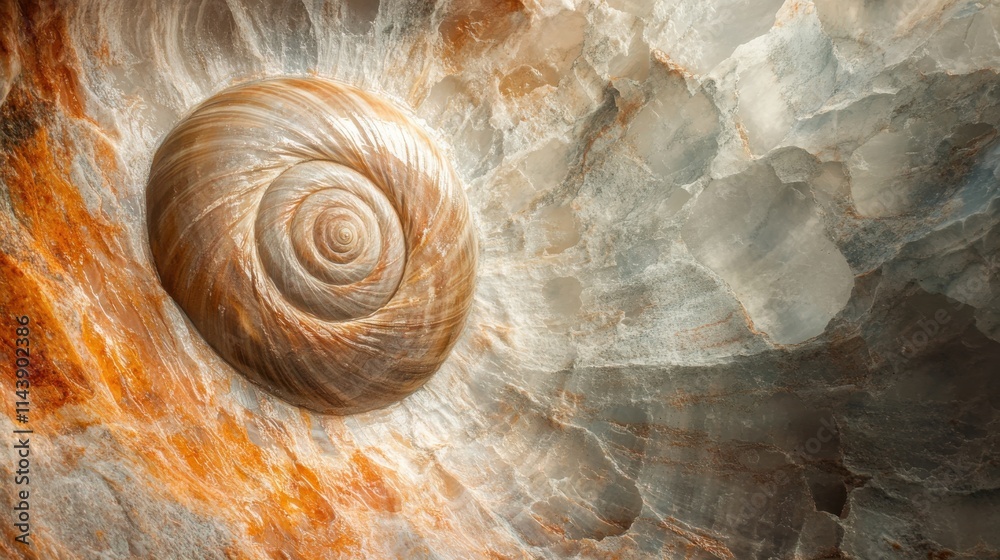 Poster Detailed view of a snail shell against a textured stone background showcasing natural patterns and colors