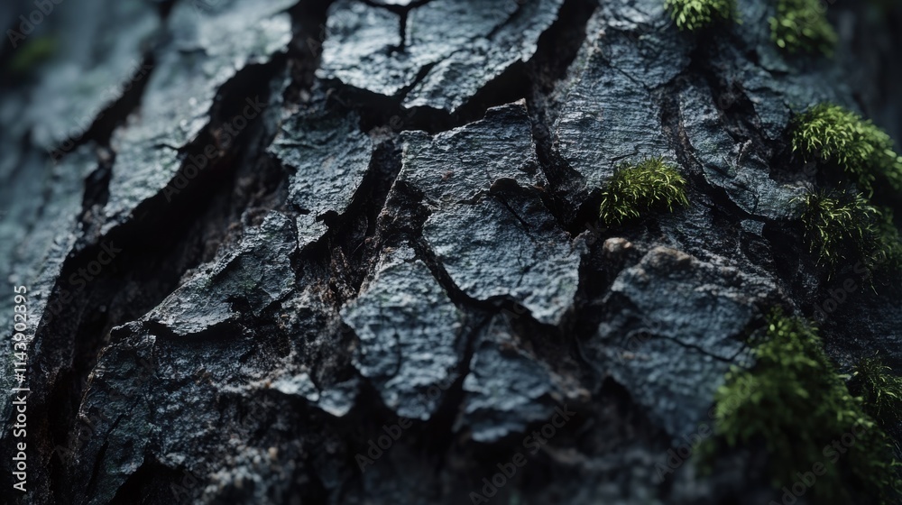 Poster Detailed macro shot captures the textured rough bark showcasing unique patterns and green moss in natural setting