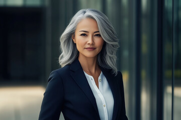Naklejka premium Professional photograph of an Asian woman in her fifties with silver hair, wearing business attire and standing confidently outside against the backdrop of modern office buildings