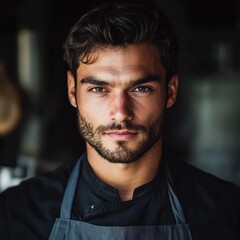 Fototapeta premium Portrait of a confident male chef in a kitchen setting.