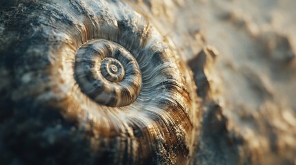 Intricate details of a snail shell showcasing natural patterns and textures found in a coastal area