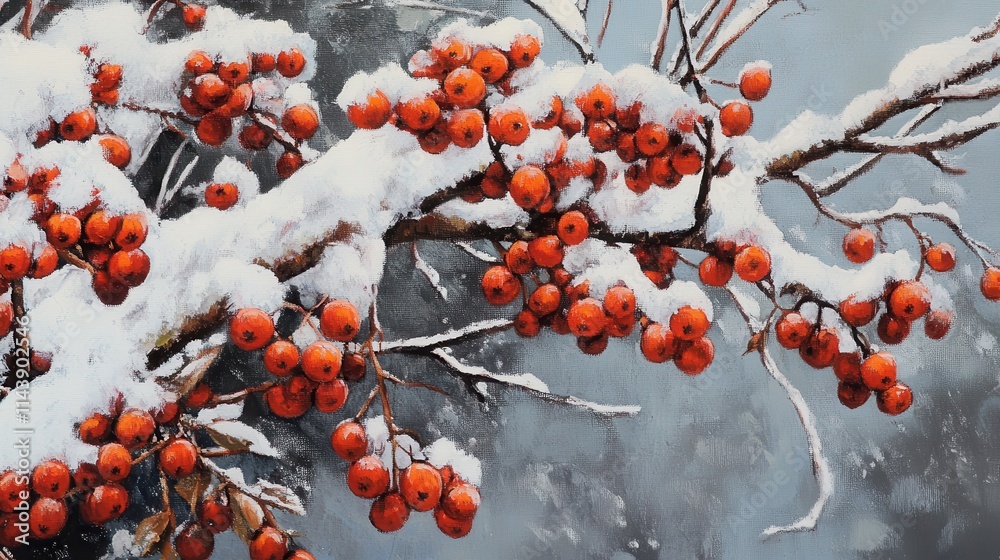 Poster winter berries cling to snow-covered branches creating a vibrant contrast against the cold backdrop