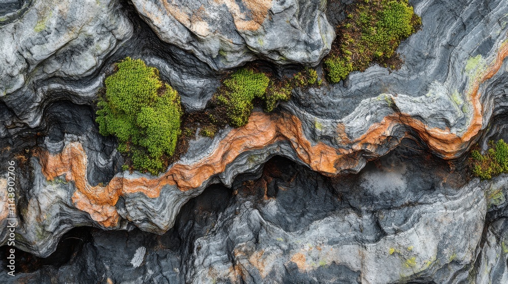 Poster detailed macro shot showcasing the intricate textures of rough bark with vibrant moss accenting its 