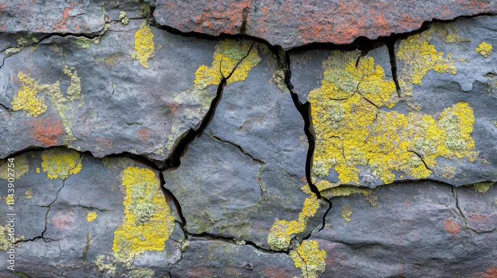 Poster Close-up view of textured bark showcasing unique patterns and vibrant lichen colors in natural light