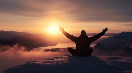 Fototapeta premium Person sitting on snowy mountain peak with arms raised during sunset over serene landscape