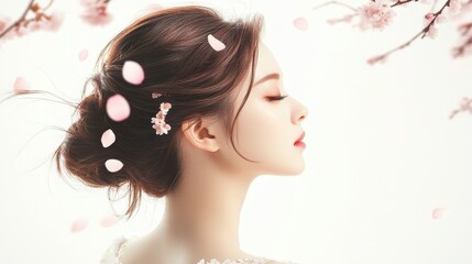 Pink Cosmos flower on long hair of beauty woman in studio,spring or summer concept,creative bright image for advertising products for hair,copy space,Bridal hairstyle with real flowers.