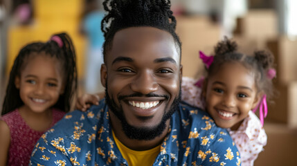 Fototapeta premium Happy Father with Two Daughters, A Joyful Family Portrait