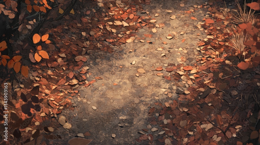 Aufkleber scattered autumn leaves create a vibrant carpet along a tranquil forest path during the fall season