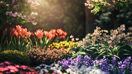 Obraz premium Vibrant spring garden filled with blooming flowers and lush greenery in a peaceful natural setting