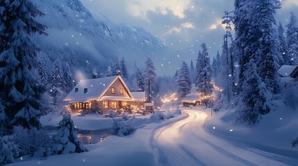 Fototapeta premium Cozy winter cabin scene snowy mountains photographic landscape evening