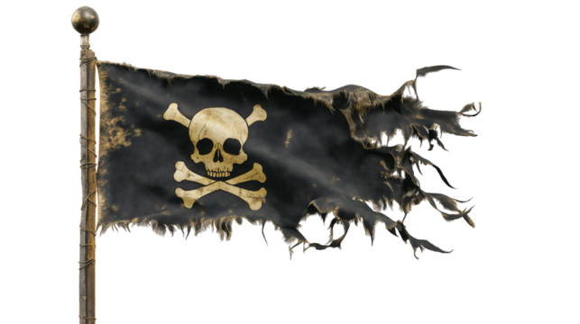 A Hauntingly Worn Pirate Flag Featuring a Skull and Crossbones