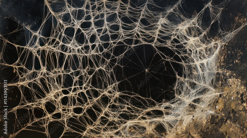 Poster Intricate spider silk structure revealed in detailed close-up with shining threads and dark background