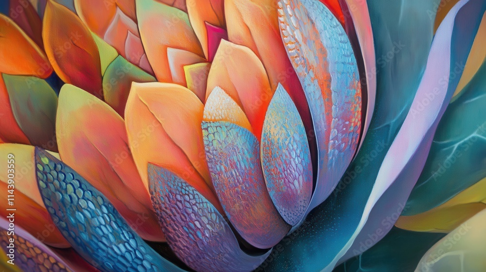 Poster close-up view of colorful lotus petals showcasing intricate textures and vibrant hues in a natural s
