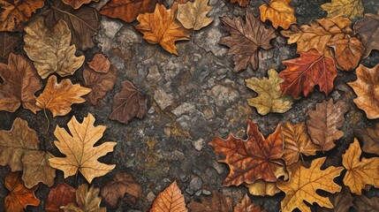 Autumn leaves scattered on a textured surface showcasing vibrant colors and seasonal beauty