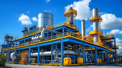 Fototapeta premium Industrial Refinery, Complex Steel Structure with Pipes and Towers under a Blue Sky