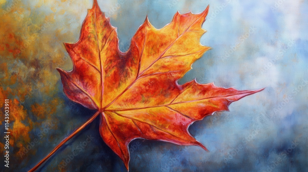 Poster close-up view of a vibrant maple leaf showcasing autumn colors against a soft blue background